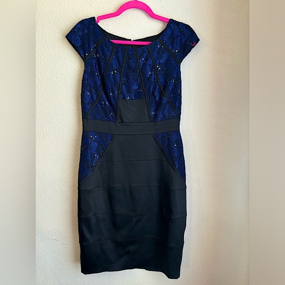 JAX Navy Black Sequin Lace Structured Cap Sleeve Knee Length Cocktail Dress 10 - Picture 1 of 12